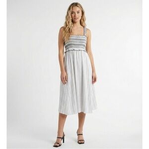 Pinko Basso Striped Smocked Midi Dress Medium Bianco White Black RTR Cotton